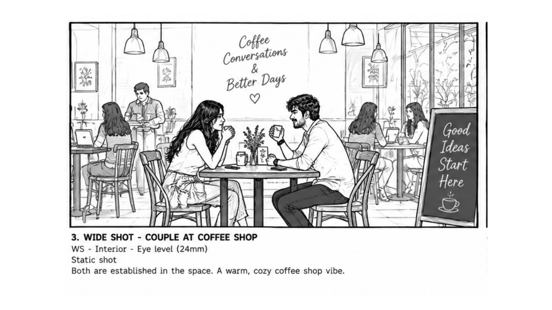 Storyboard shot 4C — couple at coffee shop